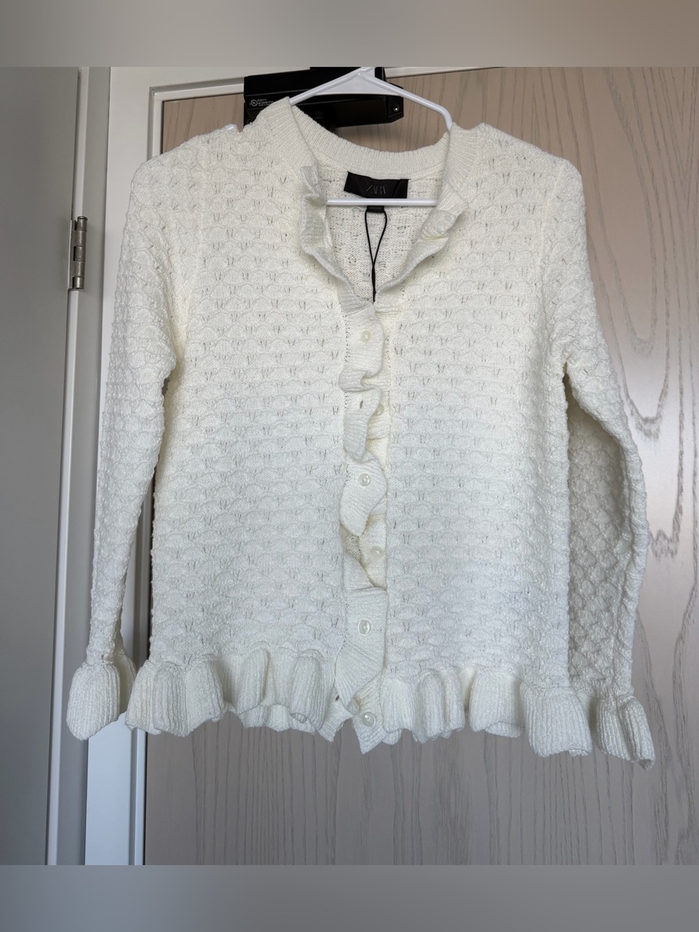 Zara Ivory Ruffle-Trim Knit Cardigan